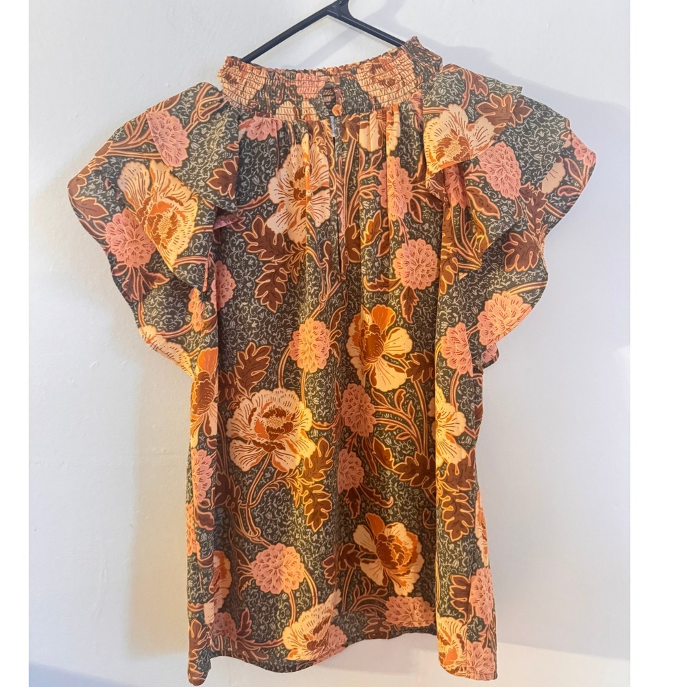 DR2 by Daniel Rainn Floral Ruffle Sleeve Smocked Neck Blouse  Green Orange